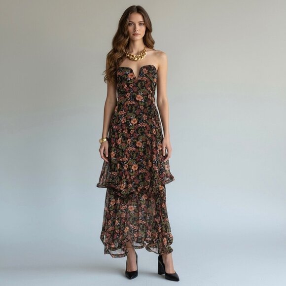 Nicholas Flowy Silk Gown SZ 2 Floral Chiffon Formal Maxi Dress Strapless Glam - Picture 3 of 15